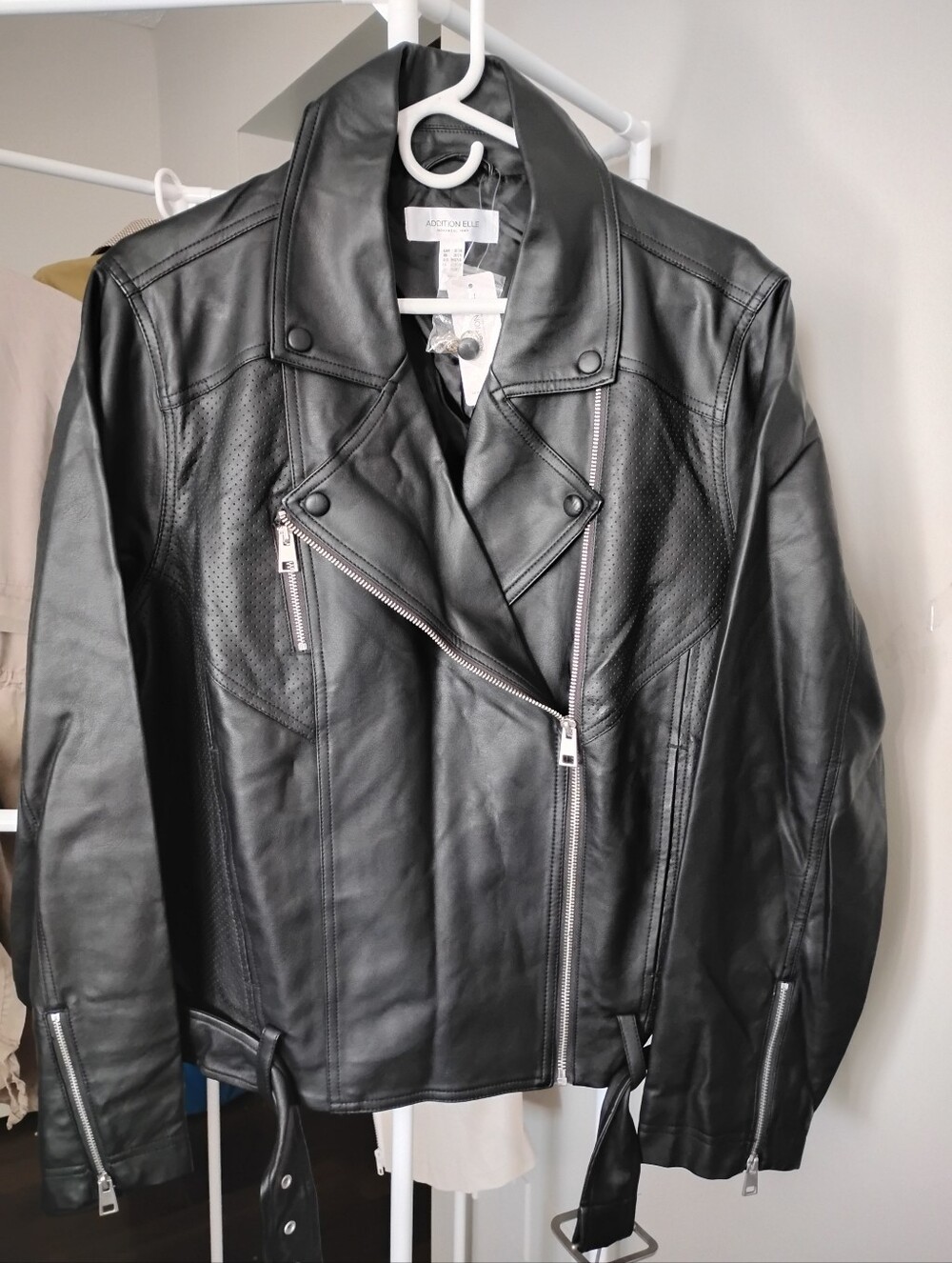 Addition Elle Women's Black Faux Leather Long Sleeve Moto Asymmetric Zip Jacket